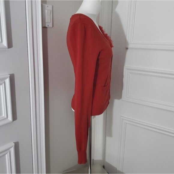Super Chic Vintage 90s Knit Red Cardigan With Pockets/Flower Broach - Picture 4 of 15